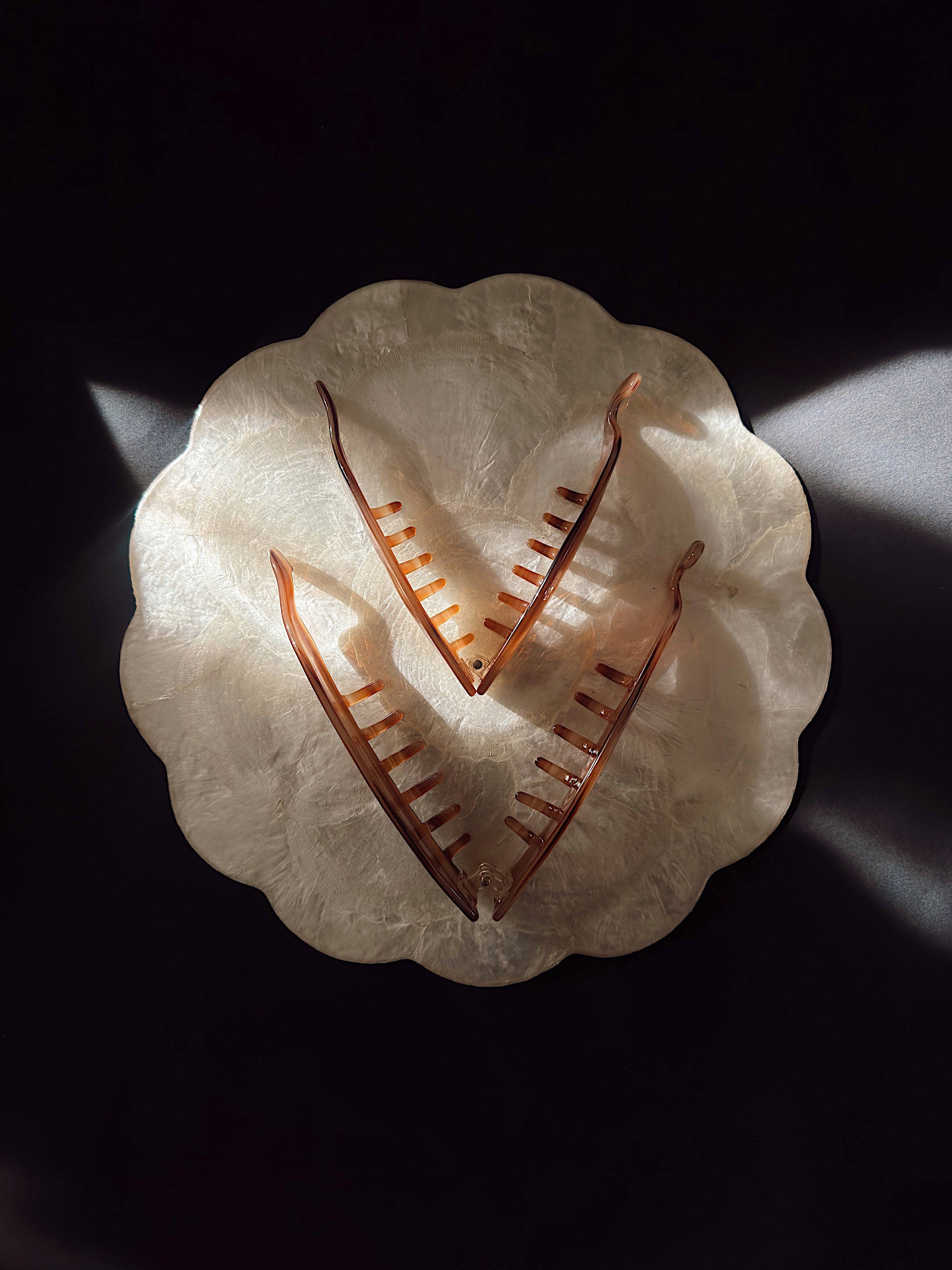 Banana Clips in a small size and large size on a white shell against a dark background