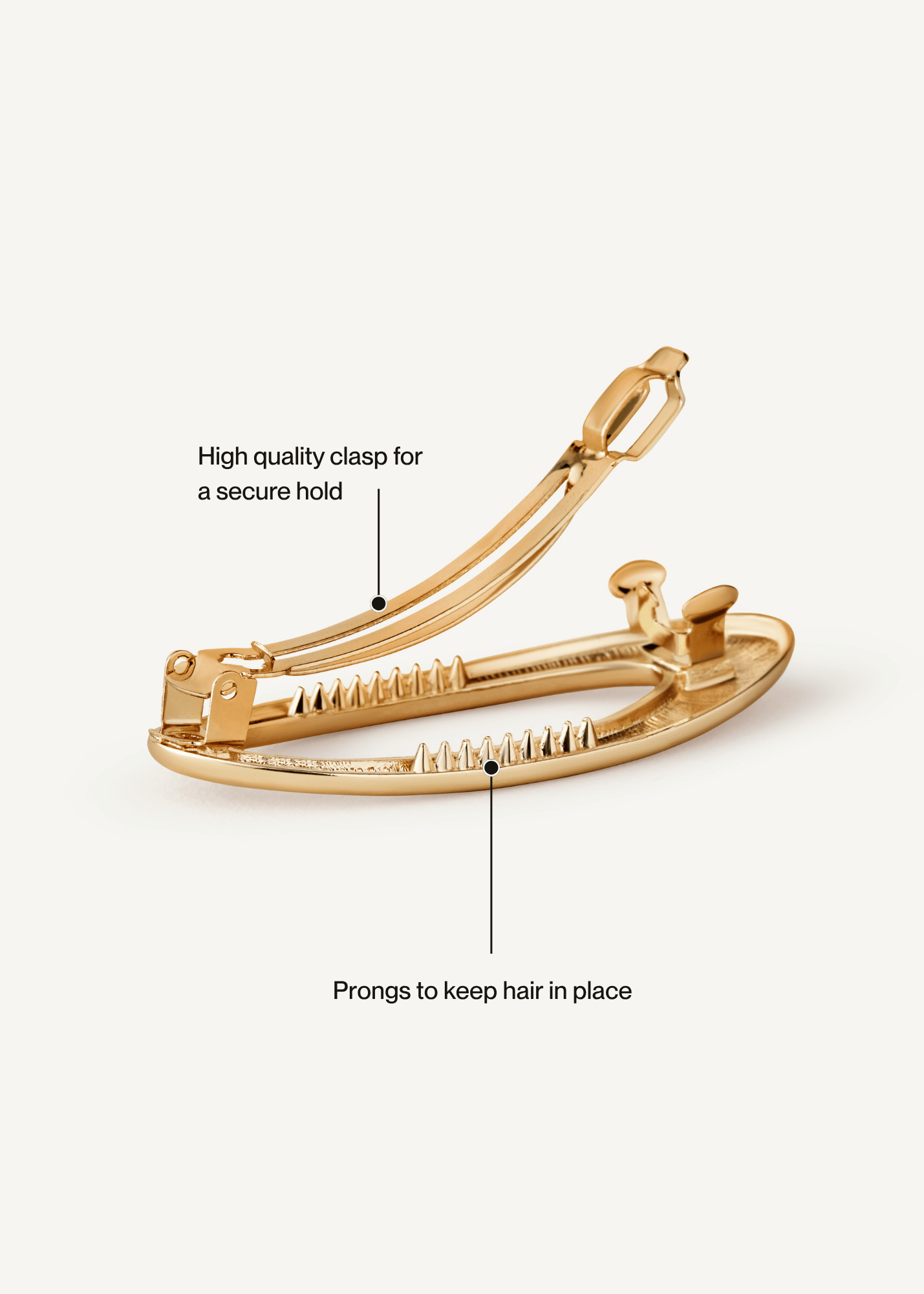 Back of the Frame Barrette in Gold showing the high quality clasp and prongs that keep hair in place