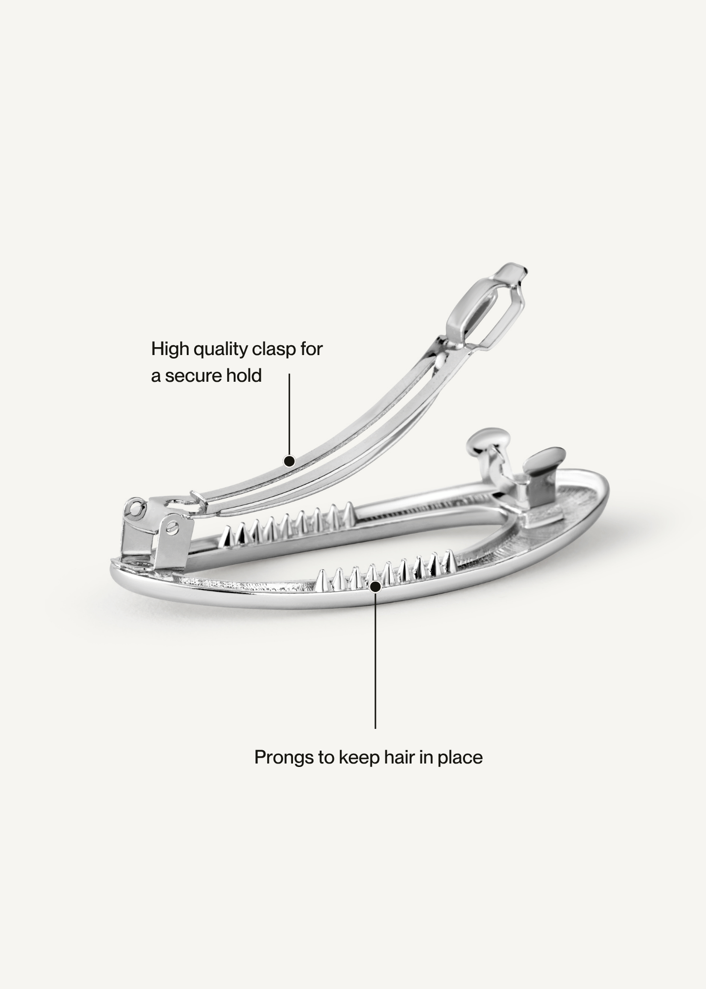 Back of the Frame Barrette in Silver showing the high quality clasp and prongs that keep hair in place