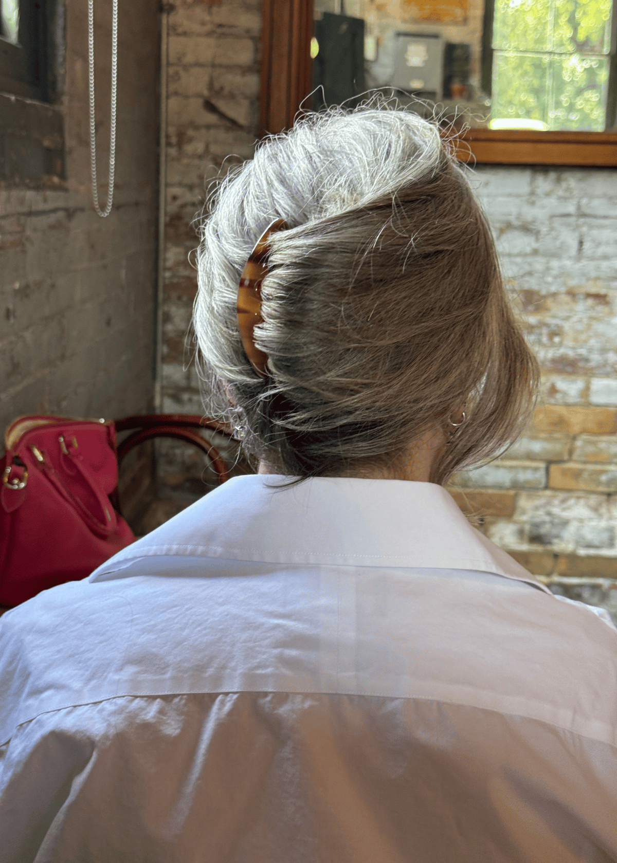 A woman from the back wearing her grey hair in a French twist, secured with a French comb.