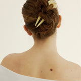 Back view of a person with a stylish hair bun and cream decorative hairpin on a plain background.