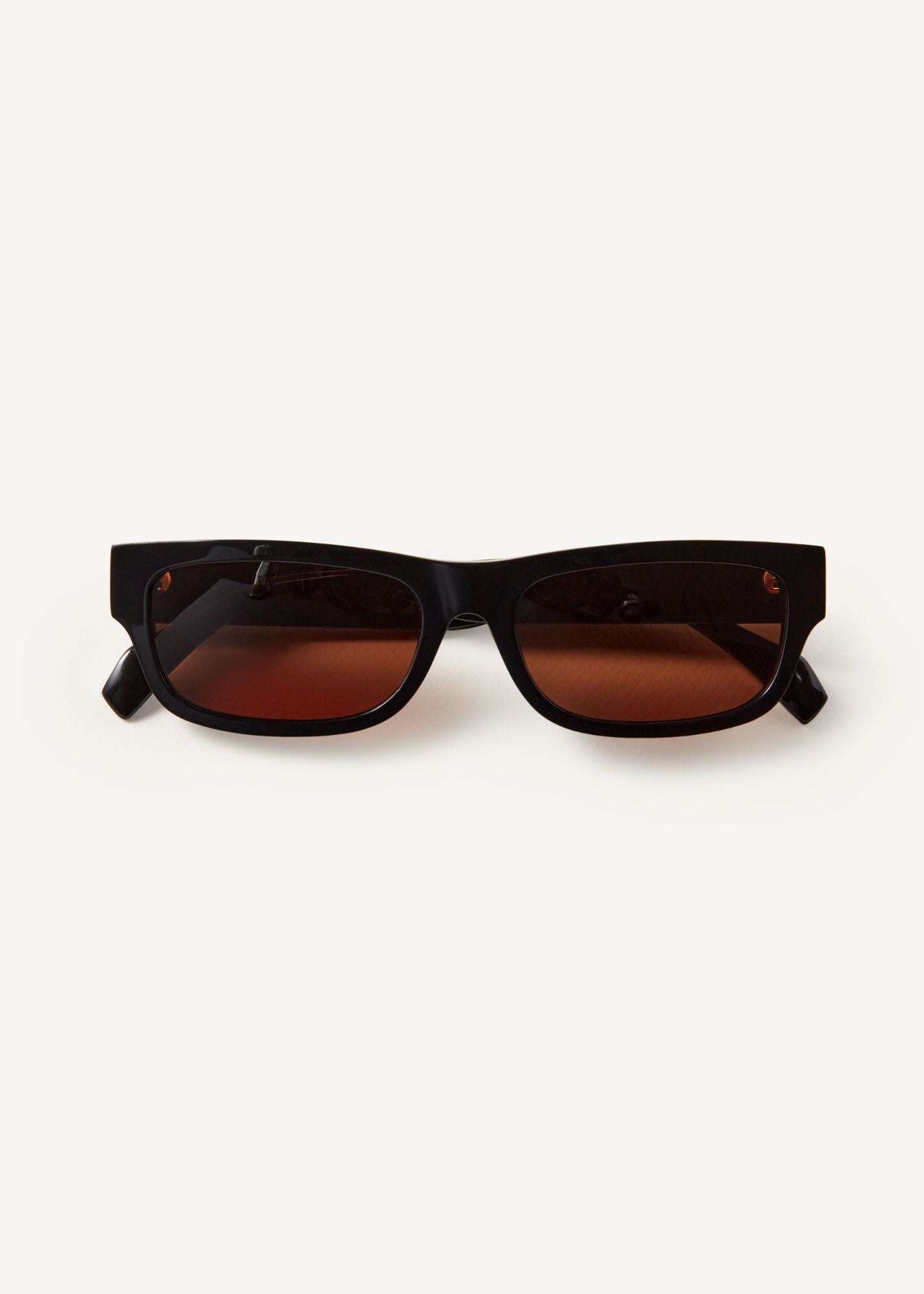 The Haven sunglasses in black with brown lenses, rectangular shaped sunglasses, on a white background