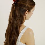 Woman with chestnut coloured hair in a half up, half down hairstyle secured with dark tortoise coloured mini hair claw clip.