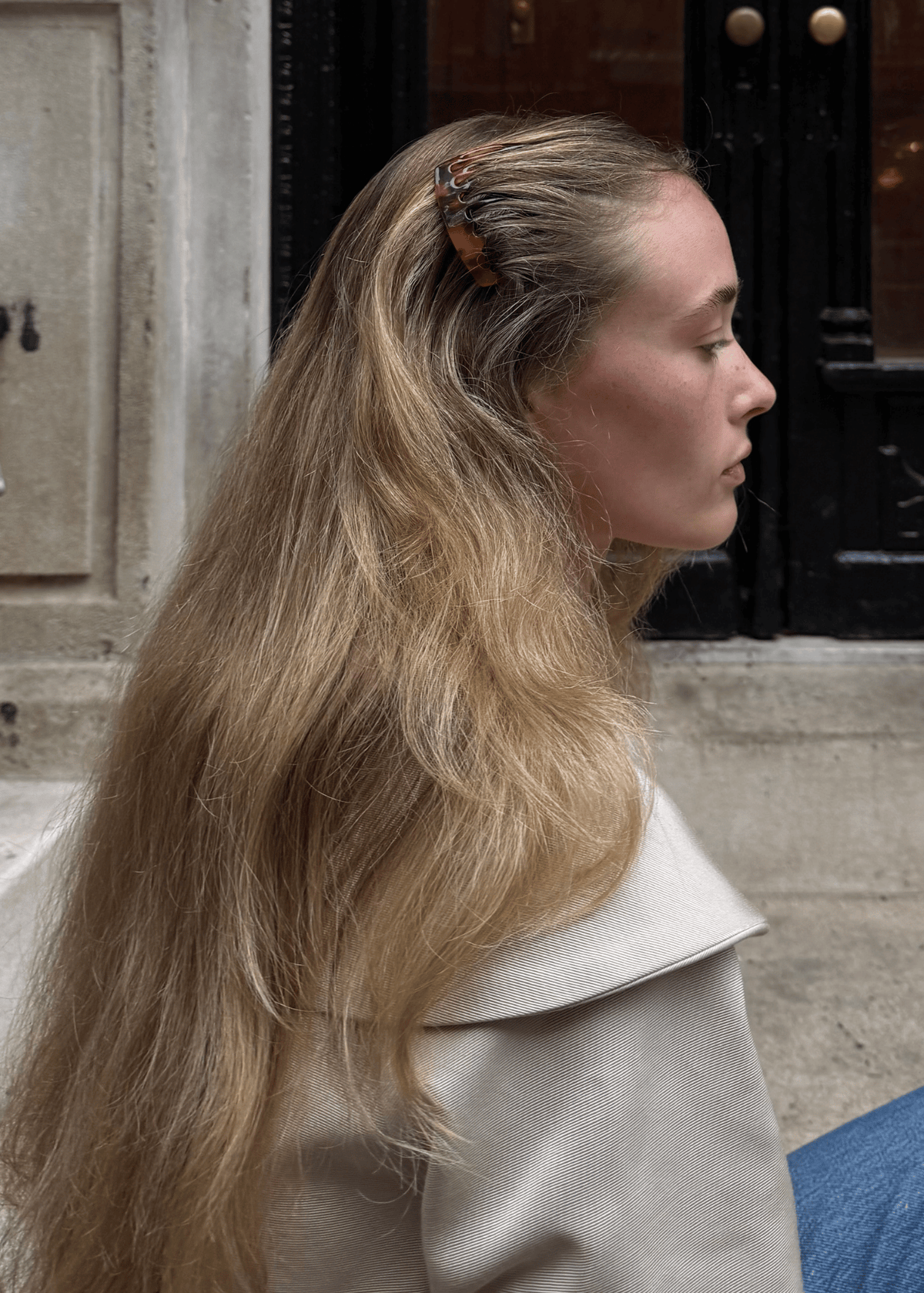 A woman with long hair shown in profile. The side of her hair is swept back with a tortoiseshell hair comb.